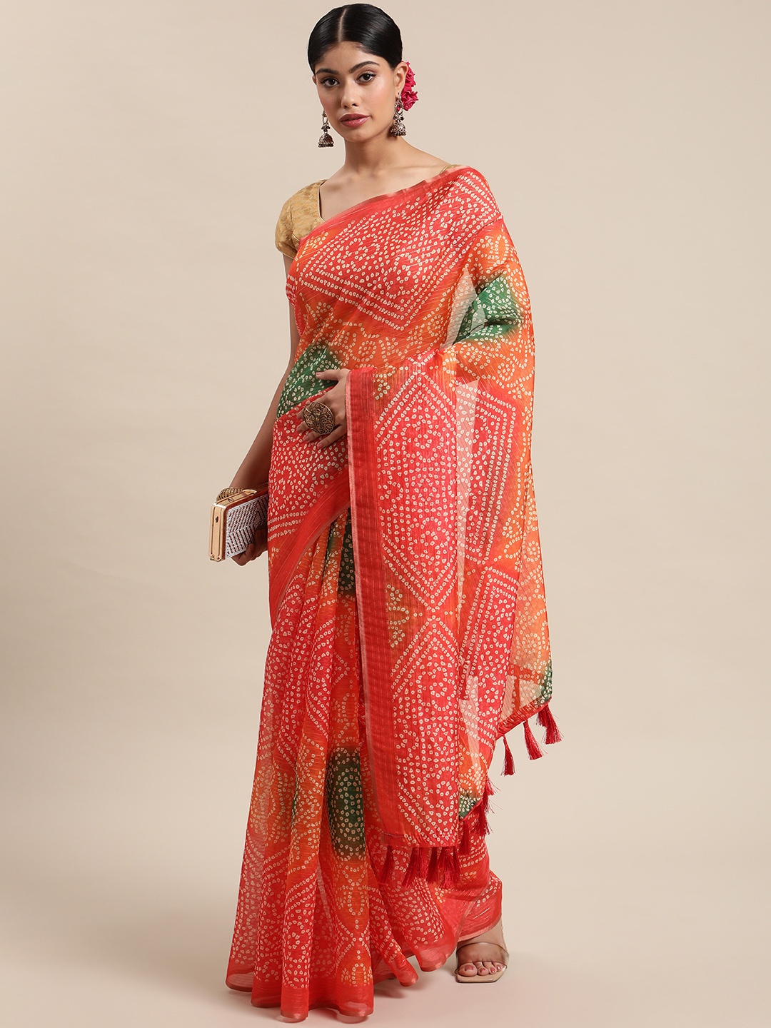 

Silk Land Red & Green Bandhani Zari Art Silk Bandhani Saree