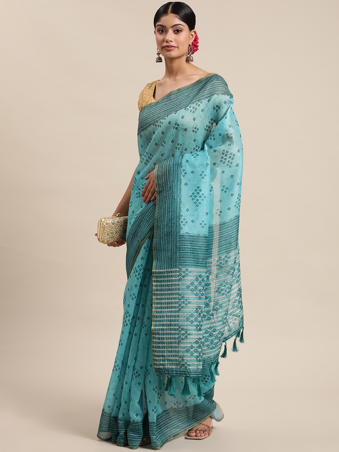 

Silk Land Art Silk Bandhani Digital Print Saree, Turquoise blue