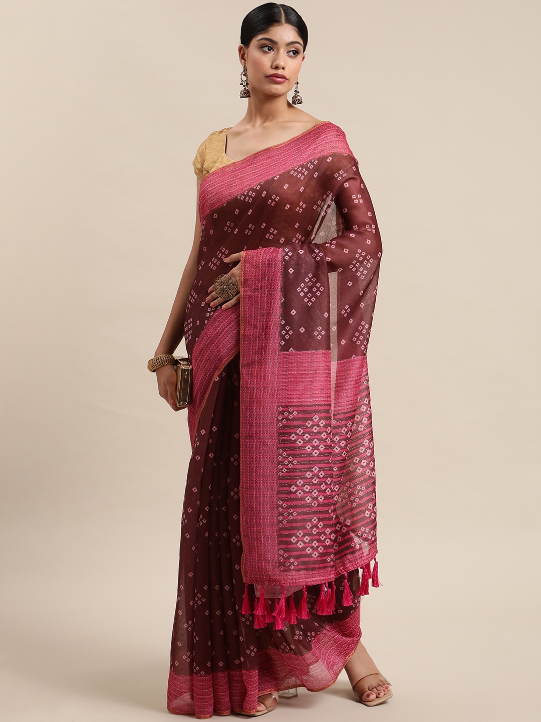 

Silk Land Bandhani Art Silk Bandhani Digital Print Saree, Brown
