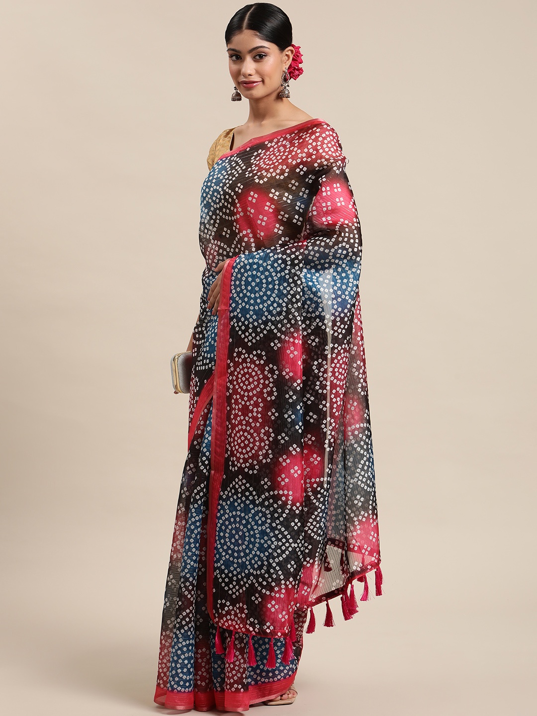 

Silk Land Black & Blue Bandhani Zari Art Silk Bandhani Saree