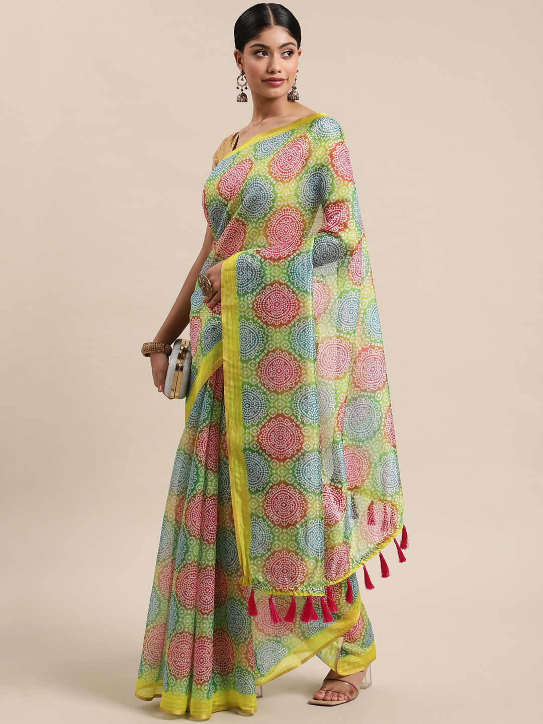 

Silk Land Yellow & Blue Bandhani Zari Art Silk Bandhani Saree
