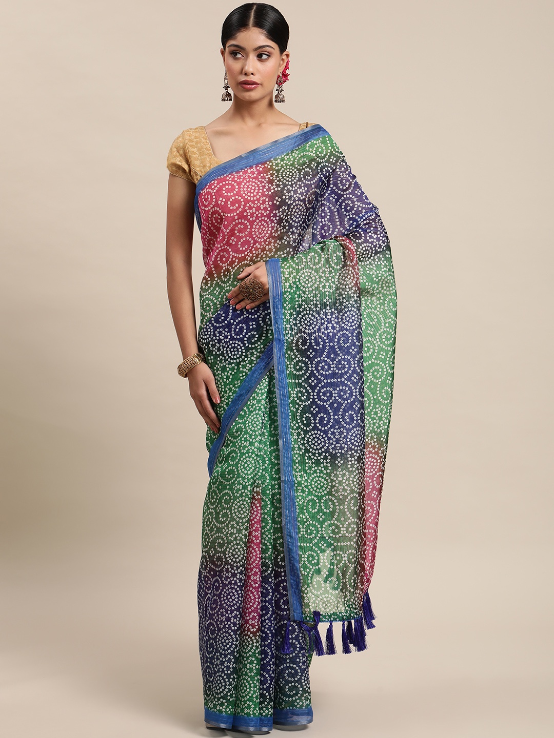 

Silk Land Green & Pink Bandhani Zari Silk Blend Bandhani Saree