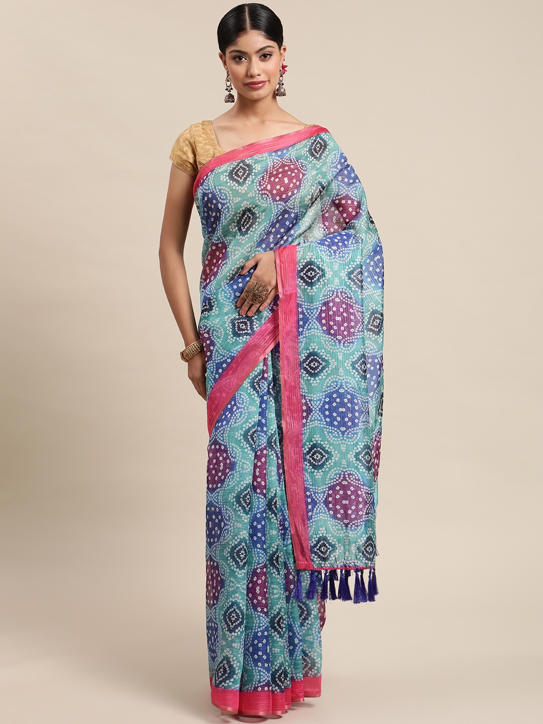 

Silk Land Blue & Pink Bandhani Zari Silk Blend Bandhani Saree