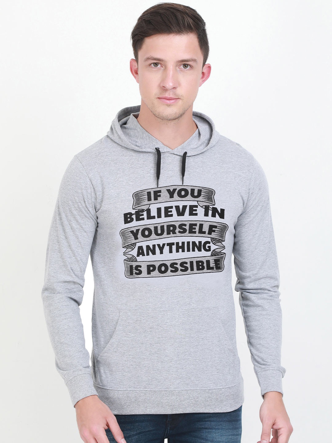 

Fleximaa Men Grey Melange Printed Hooded Cotton Sweatshirt