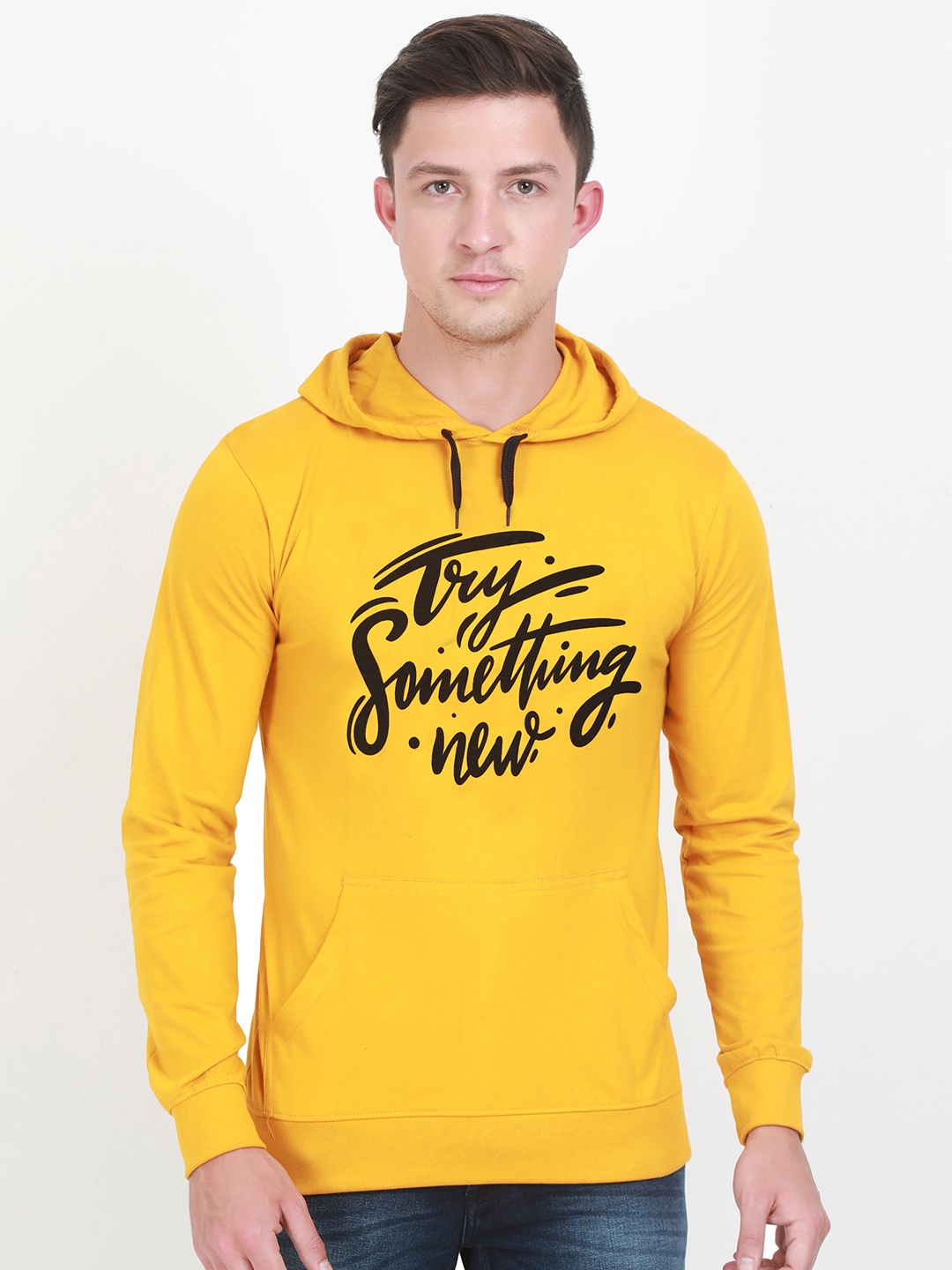 

Fleximaa Men Mustard Printed Hooded Sweatshirt