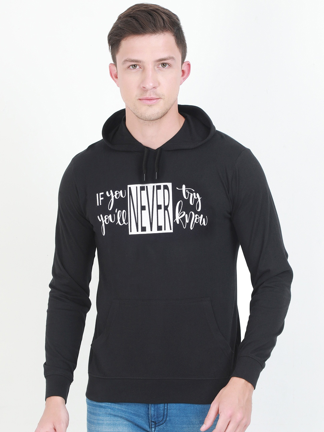

Fleximaa Men Black Printed Hooded Cotton Sweatshirt