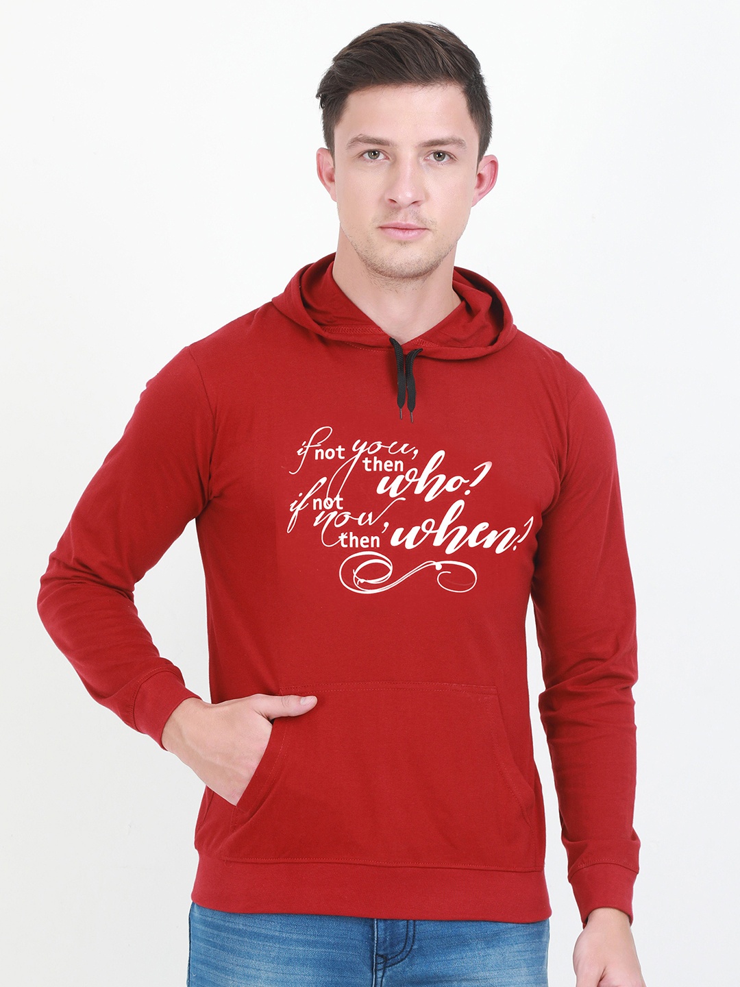 

Fleximaa Men Maroon & White Printed Hooded Sweatshirt