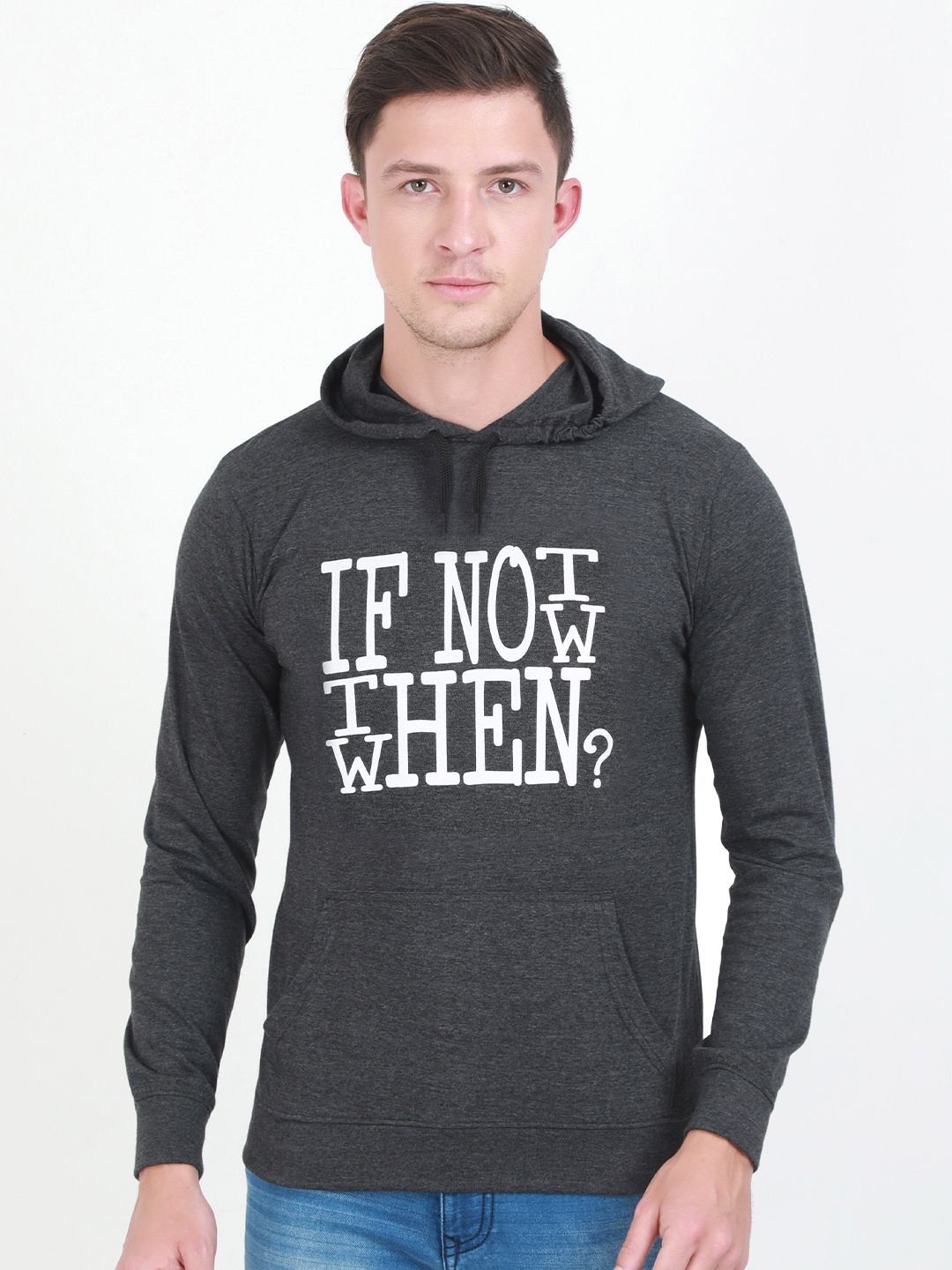 

Fleximaa Men Charcoal Printed Hooded Sweatshirt