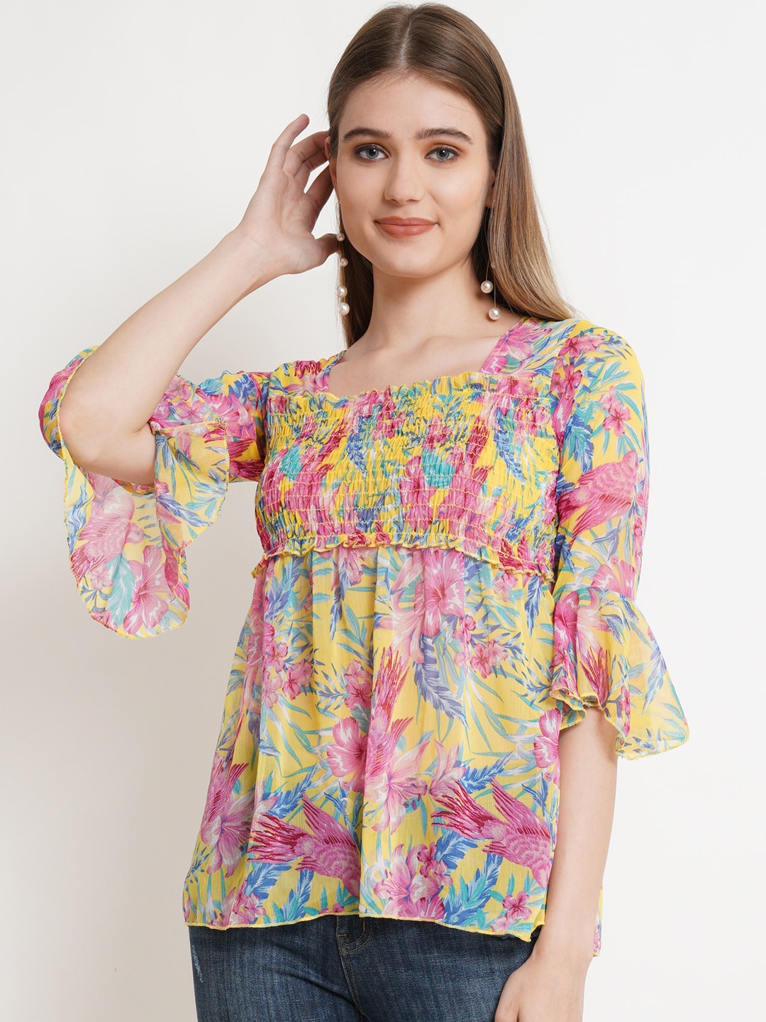 

Popwings Yellow & Pink Floral Print Smocked Chiffon Empire Top