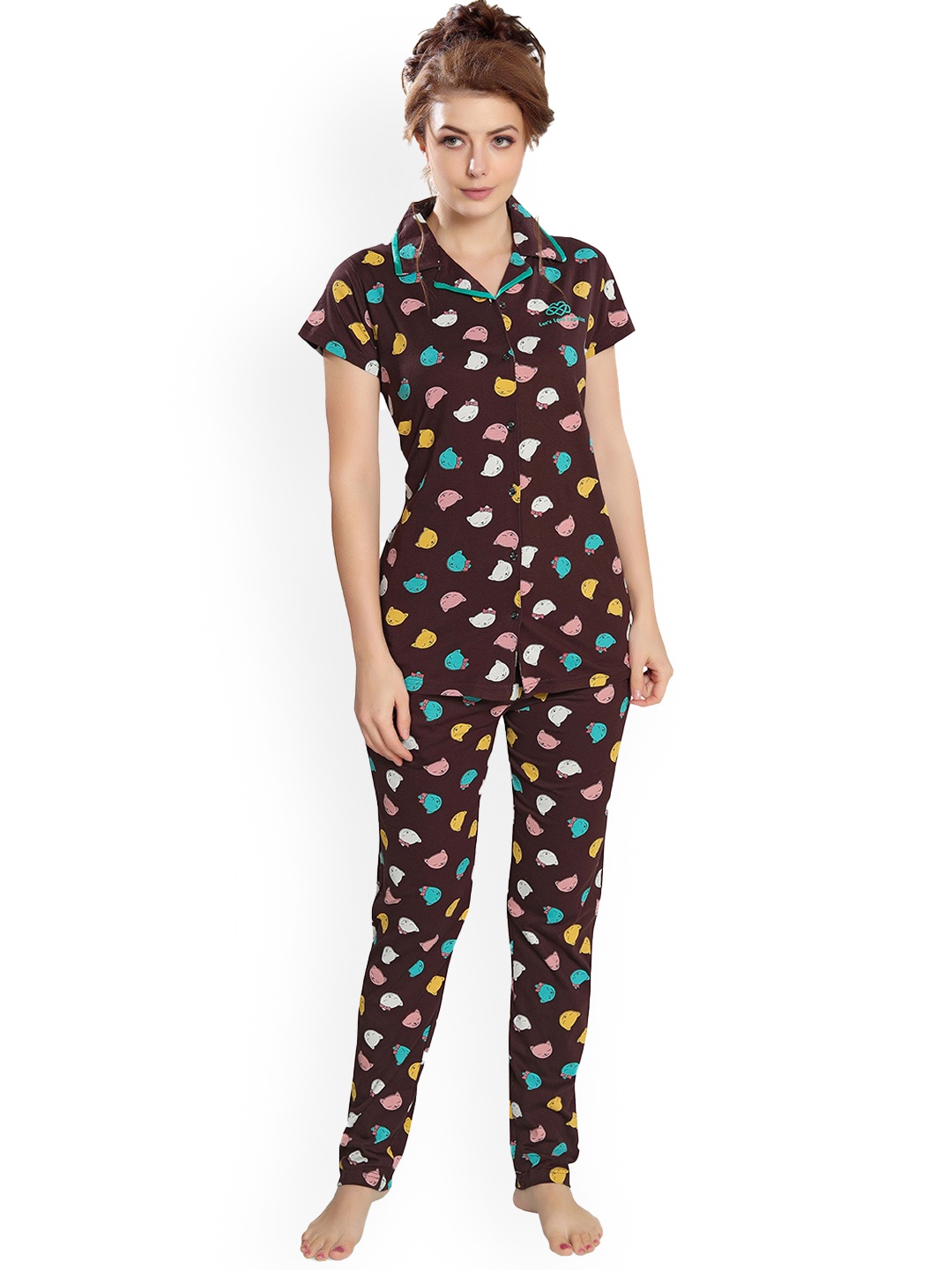 

Ever Loved Women Coffee Brown & Blue Pure Cotton Printed Night suit