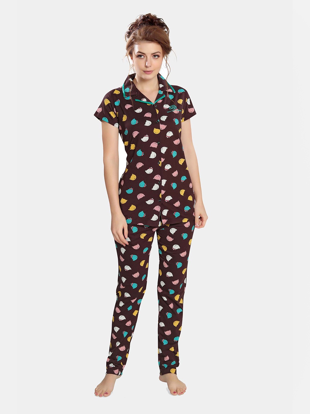 

Ever Loved Women Coffee Brown & White Printed Pure Cotton Night Suit