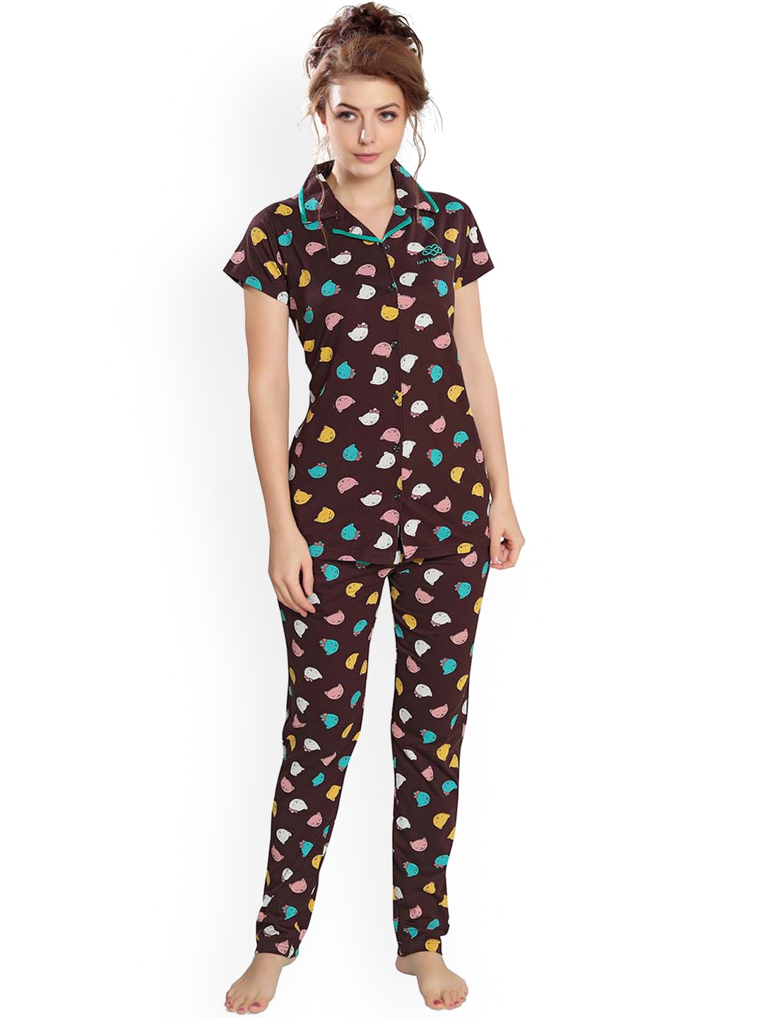 

Ever Loved Women Coffee Brown & White Printed Pure Cotton Night suit