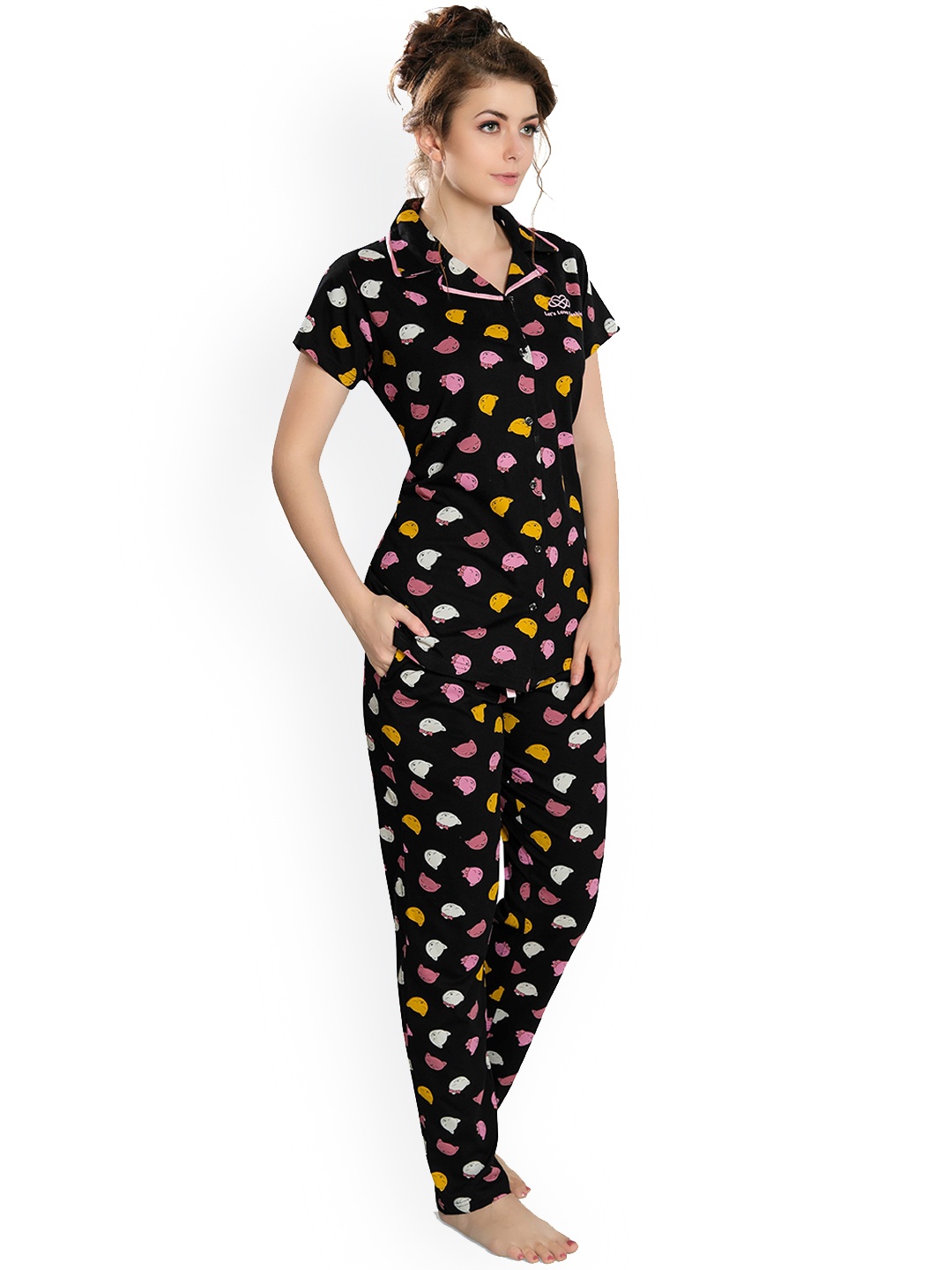 

Ever Loved Women Black & Yellow 2 Piece Printed Cotton Night suit