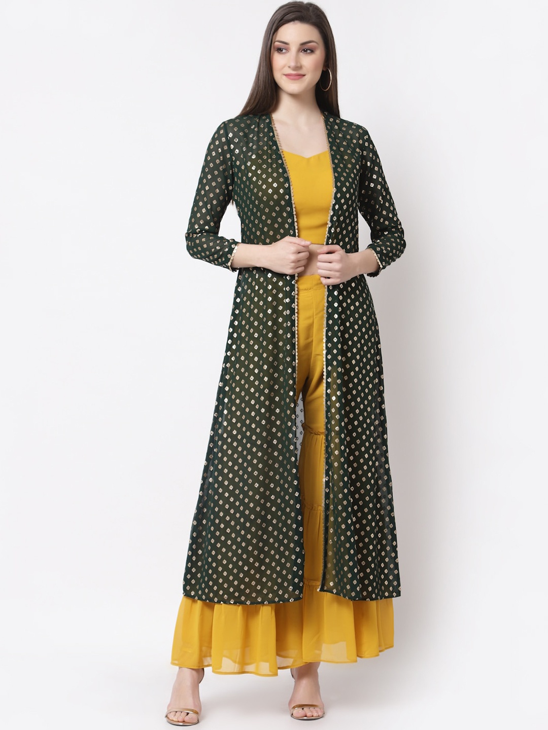 

Myshka Women Green Ethnic Motifs Printed Layered Top with Sharara