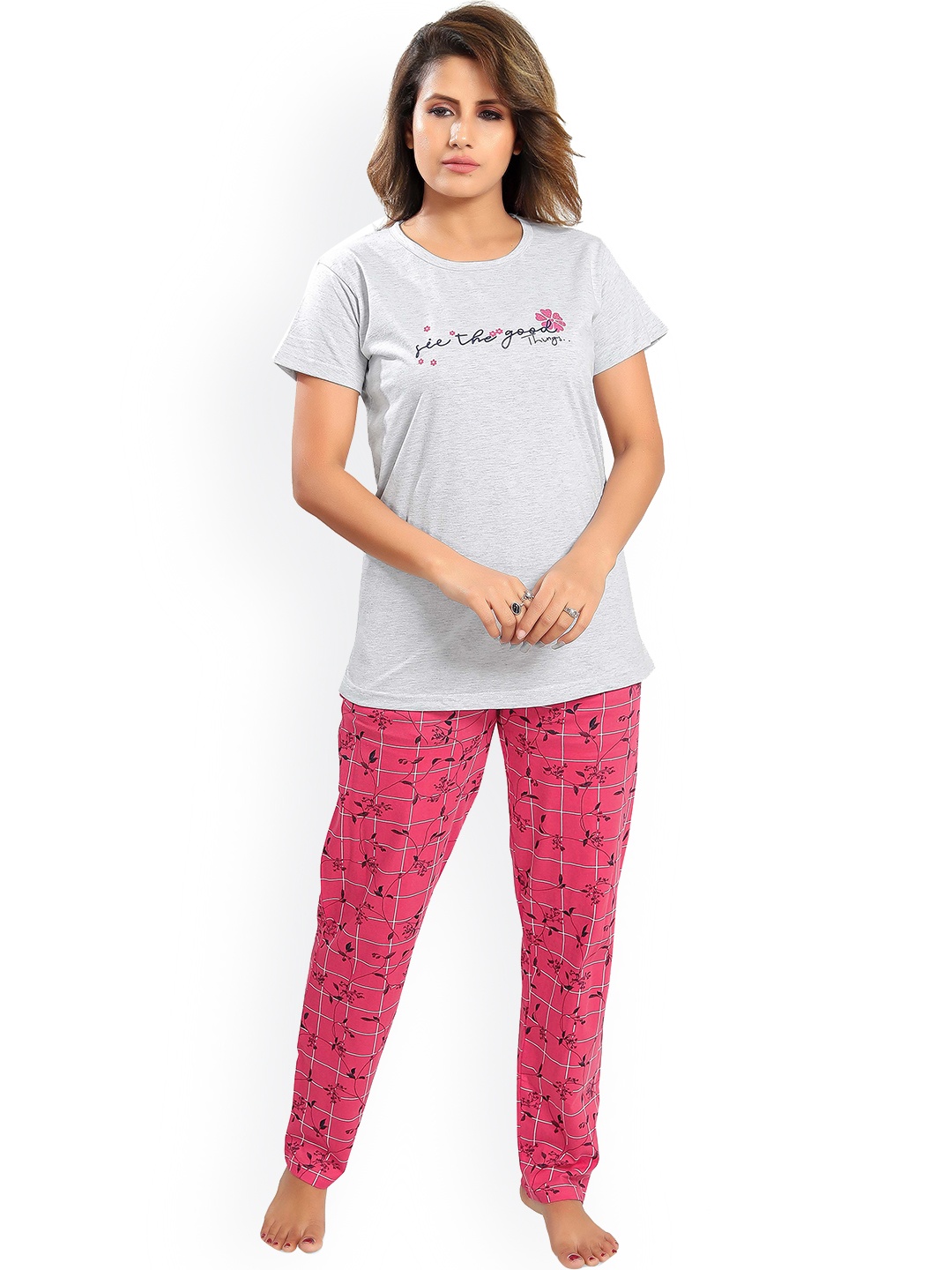 

Ever Loved Women Grey & Pink Printed Cotton Night suit