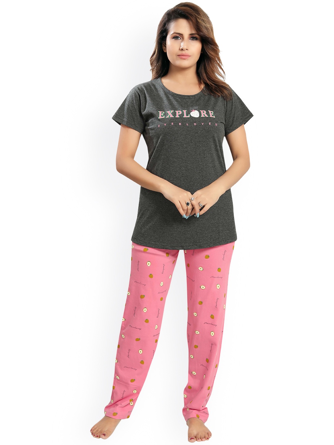 

Ever Loved Women Black & Pink Printed Cotton Night suit