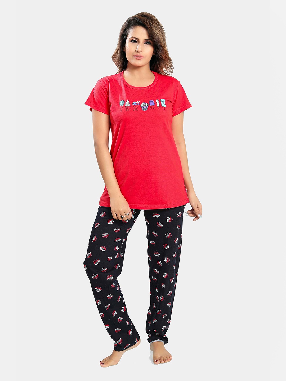 

Ever Loved Women Red & Black Printed Pure Cotton Night suit