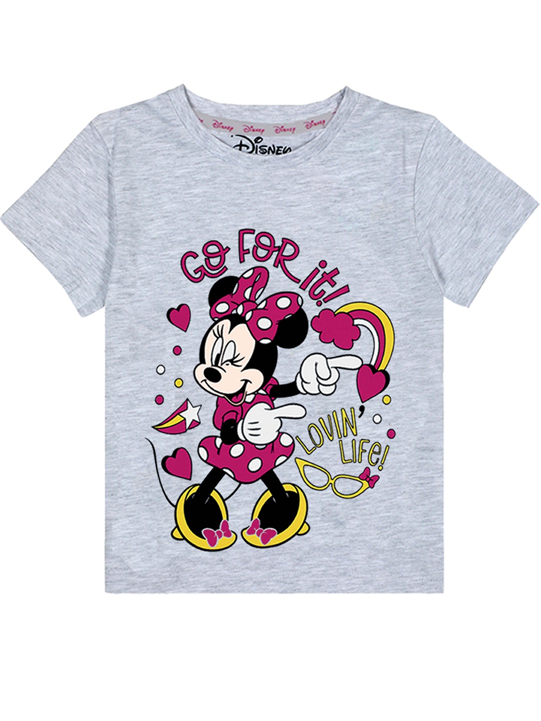 

KINSEY Girls Grey Melange & Pink Minnie Mouse Printed Cotton T-shirt