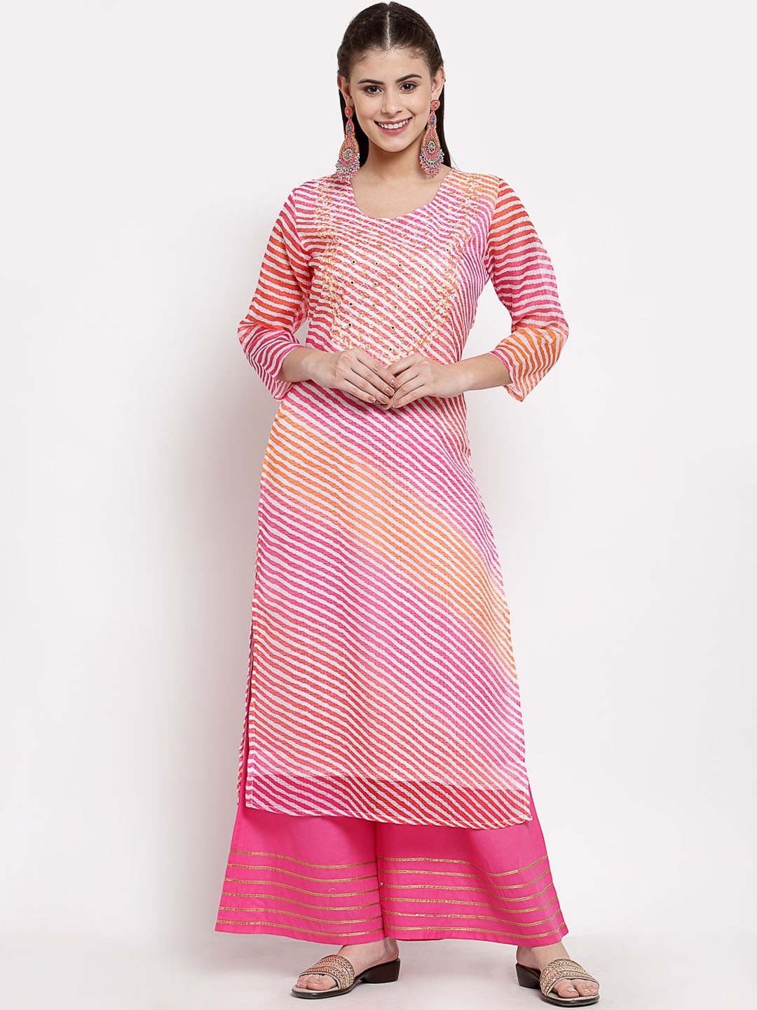 

Myshka Women Pink Striped Leheriya Kurta