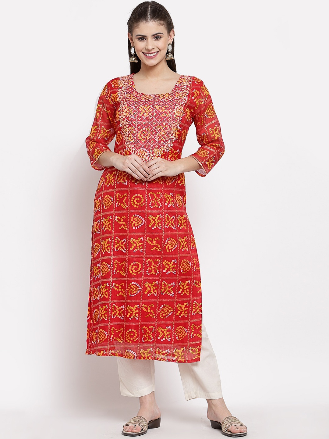 

Myshka Women Red Bandhani Printed Thread Work Kurta