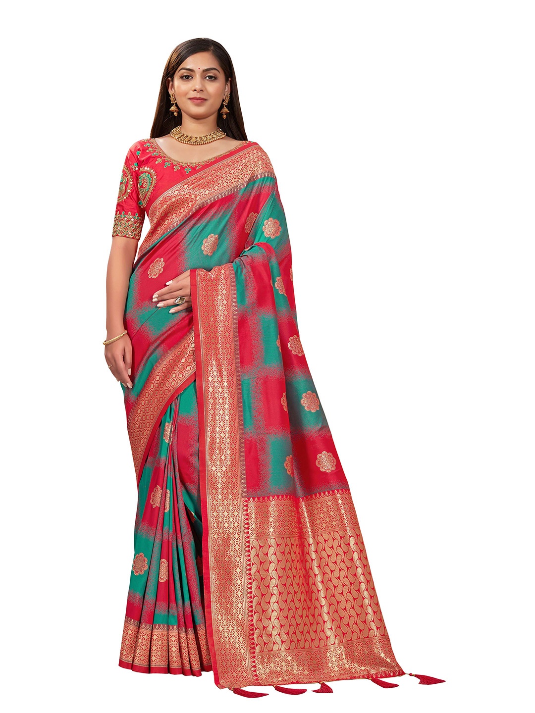 

MANOHARI Pink & Blue Ethnic Motifs Silk Blend Heavy Work Banarasi Saree