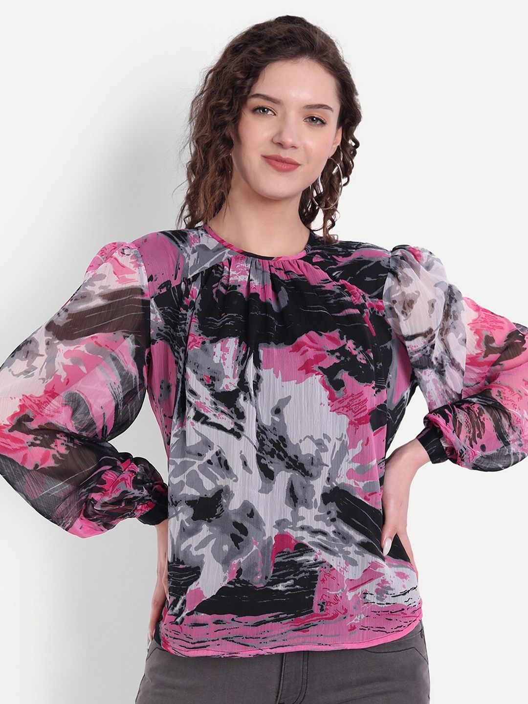 

MINGLAY Pink & Black Print Chiffon Top