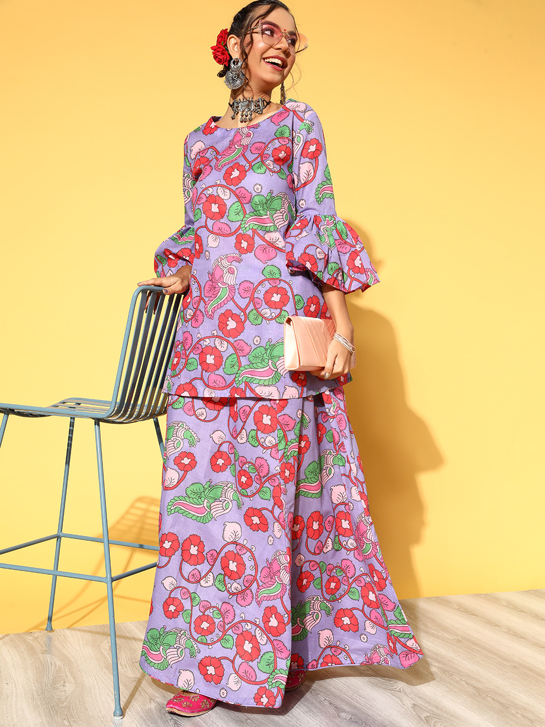 

InWeave Women Purple Ethnic Motifs Printed Kurti with Skirt