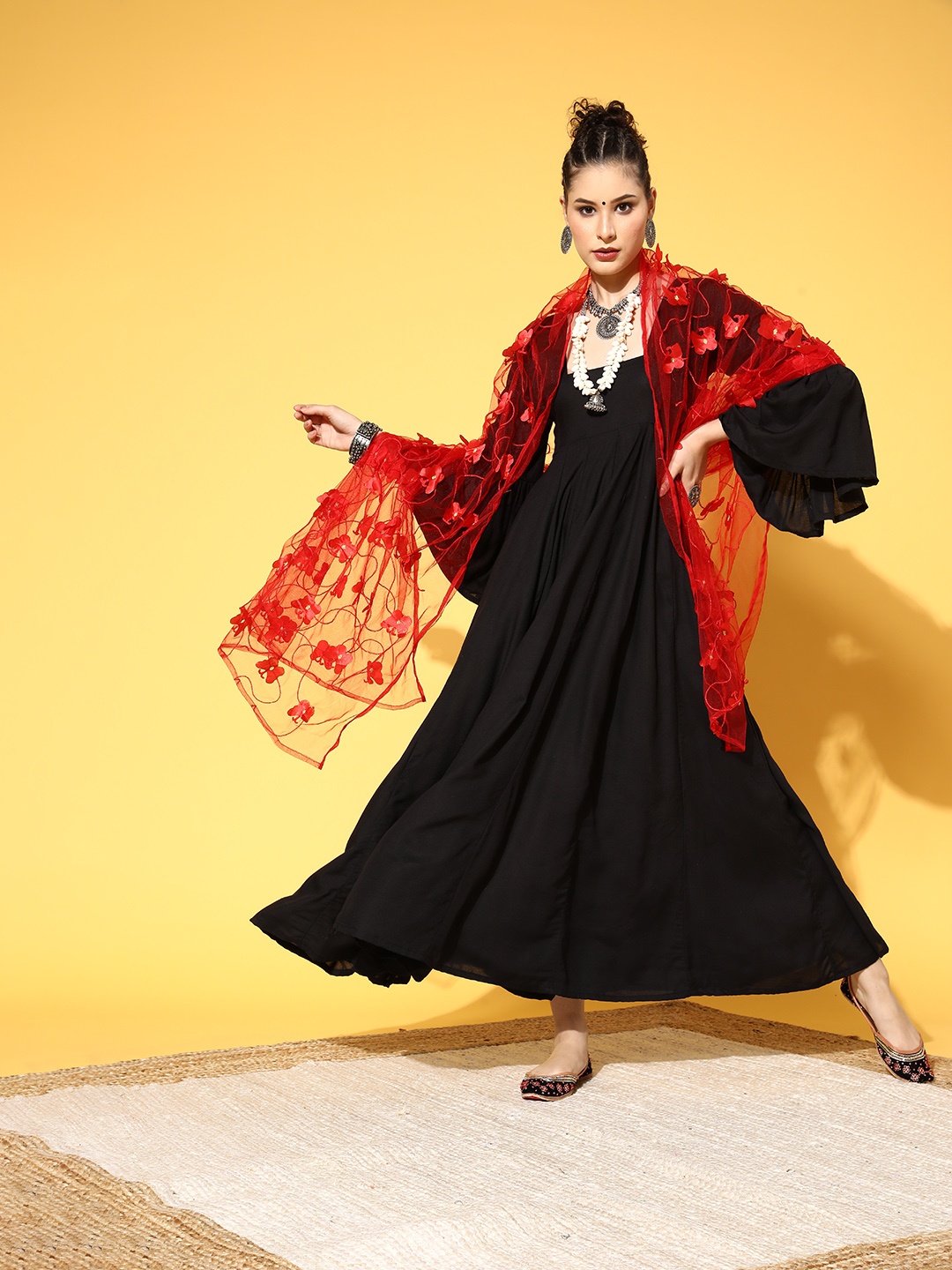 

InWeave Black Maxi Dress with a Dupatta