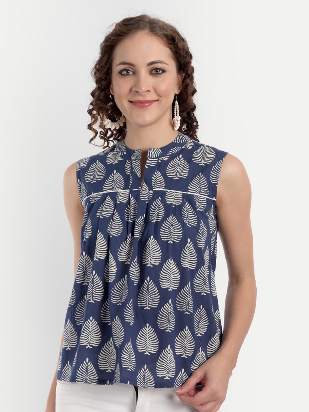 

CHARMGAL Women Blue Printed Cotton Top