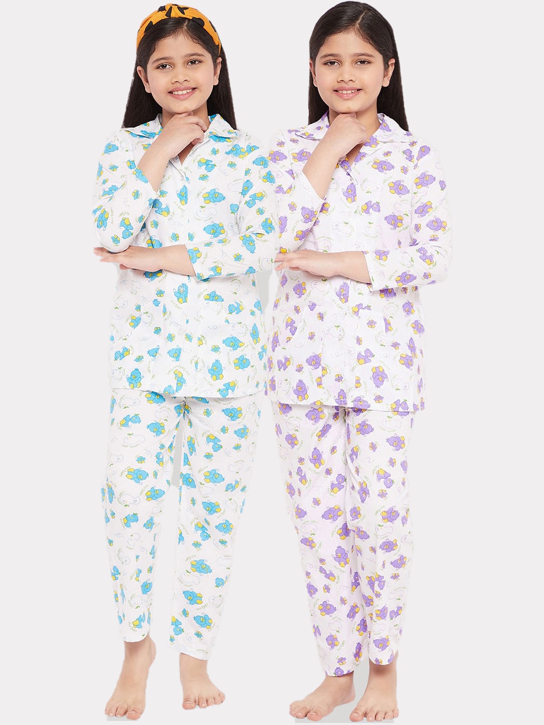 

KYDZI Girls Pack of 2 White & Blue Printed Pure Cotton Night suits