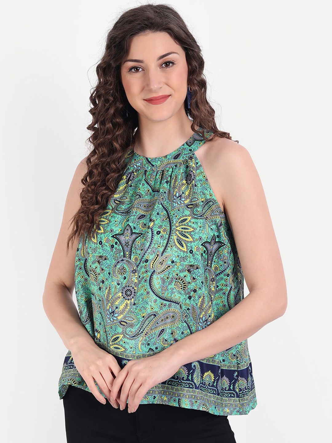 

MINGLAY Green Floral Print Top