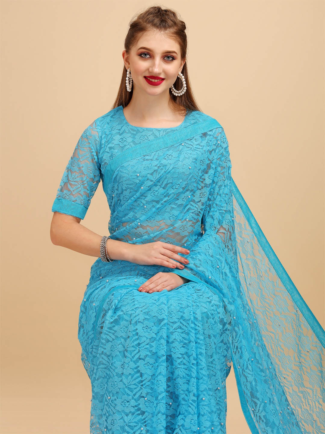 

Sangria Teal Floral Beads and Stones Lace Saree