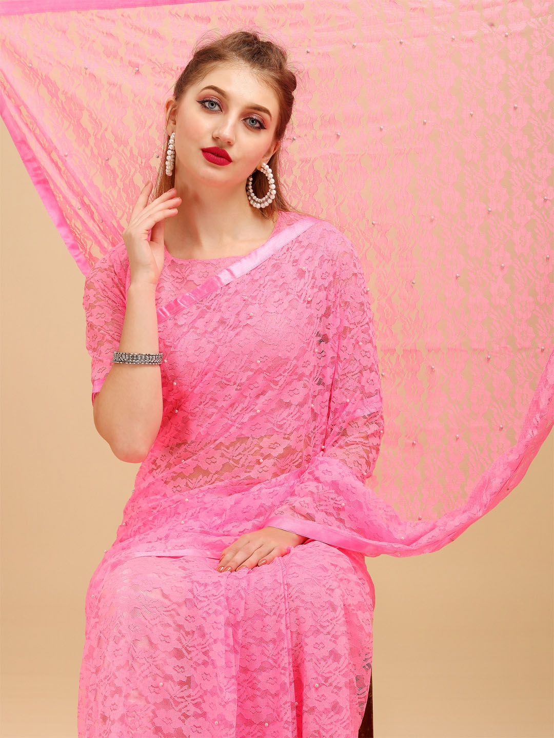 

Sangria Rose Embellished Beads and Stones Lace Saree