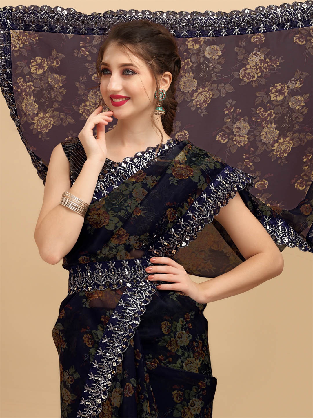 

Sangria Navy Blue & Brown Floral Sequinned Organza Belted Saree