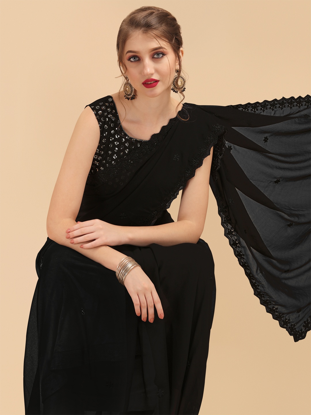 

Sangria Black Embellished Sequinned Pure Georgette Saree