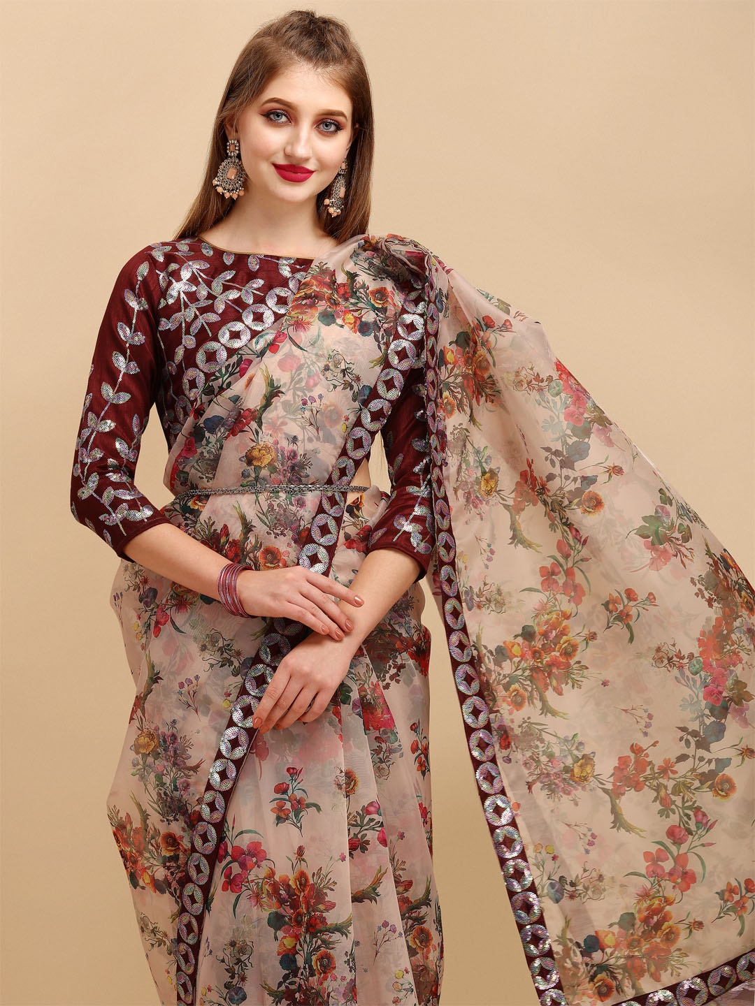 

Sangria Beige & Maroon Floral Sequinned Organza Saree