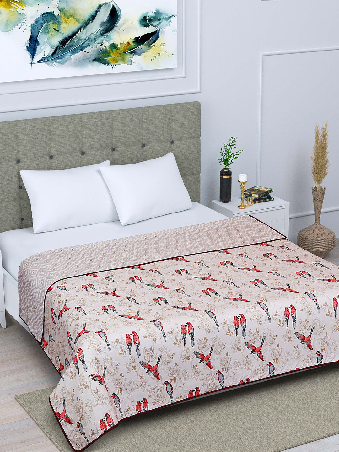 

ROMEE Cream-Coloured & Red Floral AC Room 300 GSM Reversible Double Bed Dohar