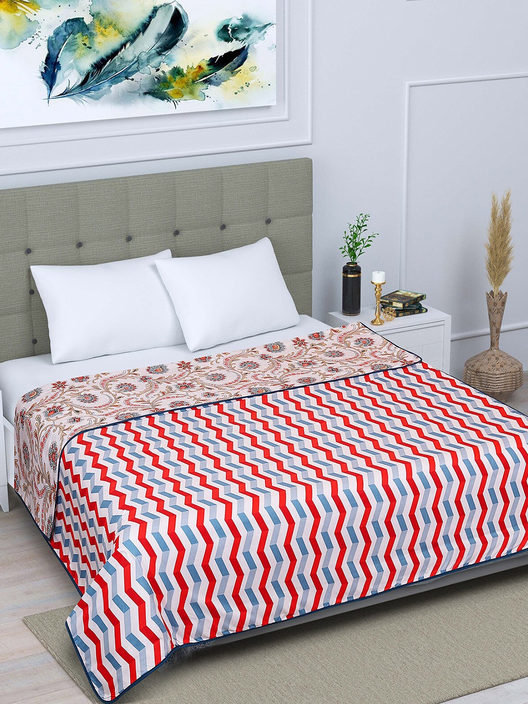 

ROMEE Cream-Coloured & Red AC Room 300 GSM Double Bed Cotton Dohar