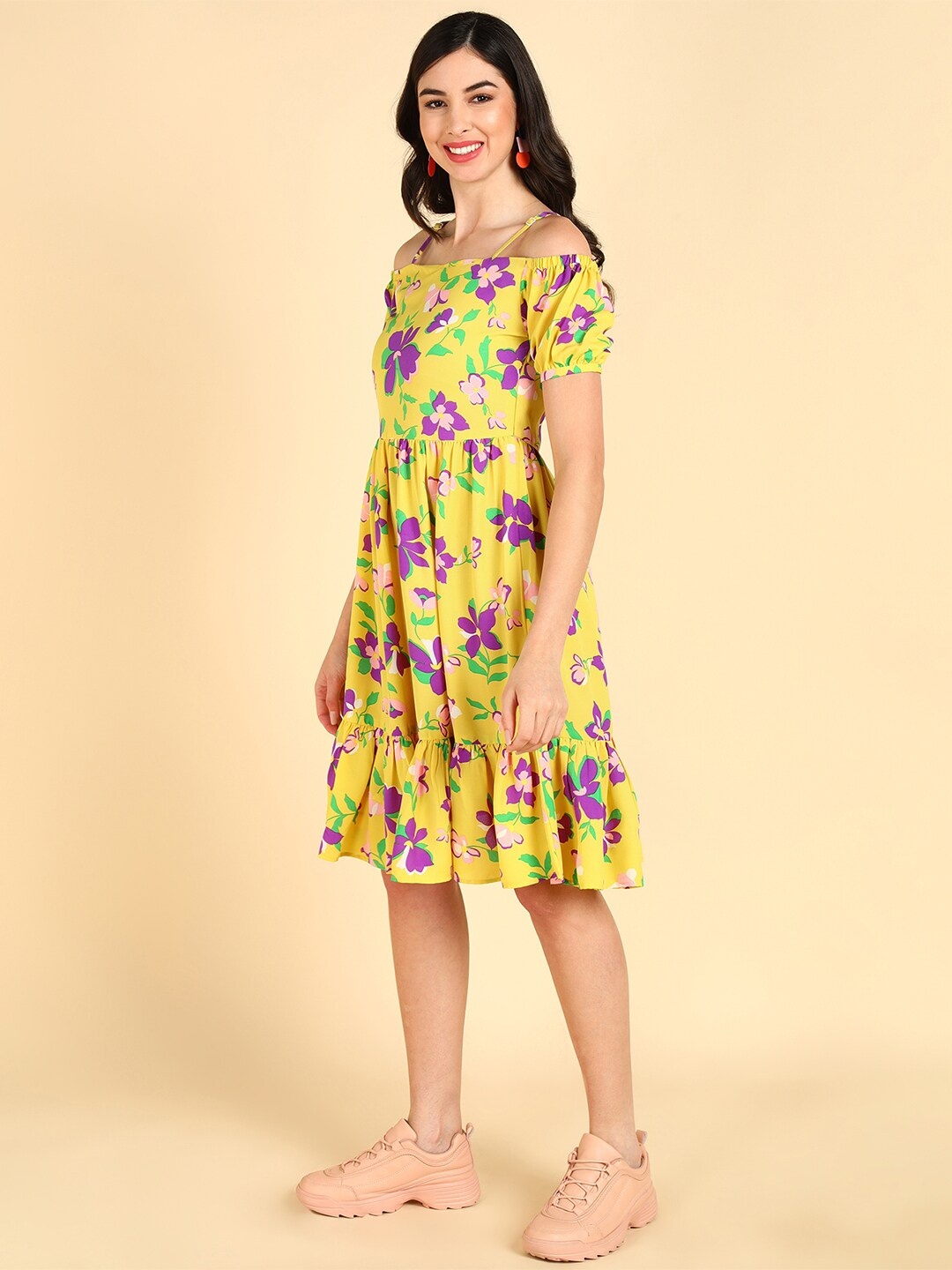 

AHIKA Yellow & Purple Floral Fit & Flare Georgette Dress