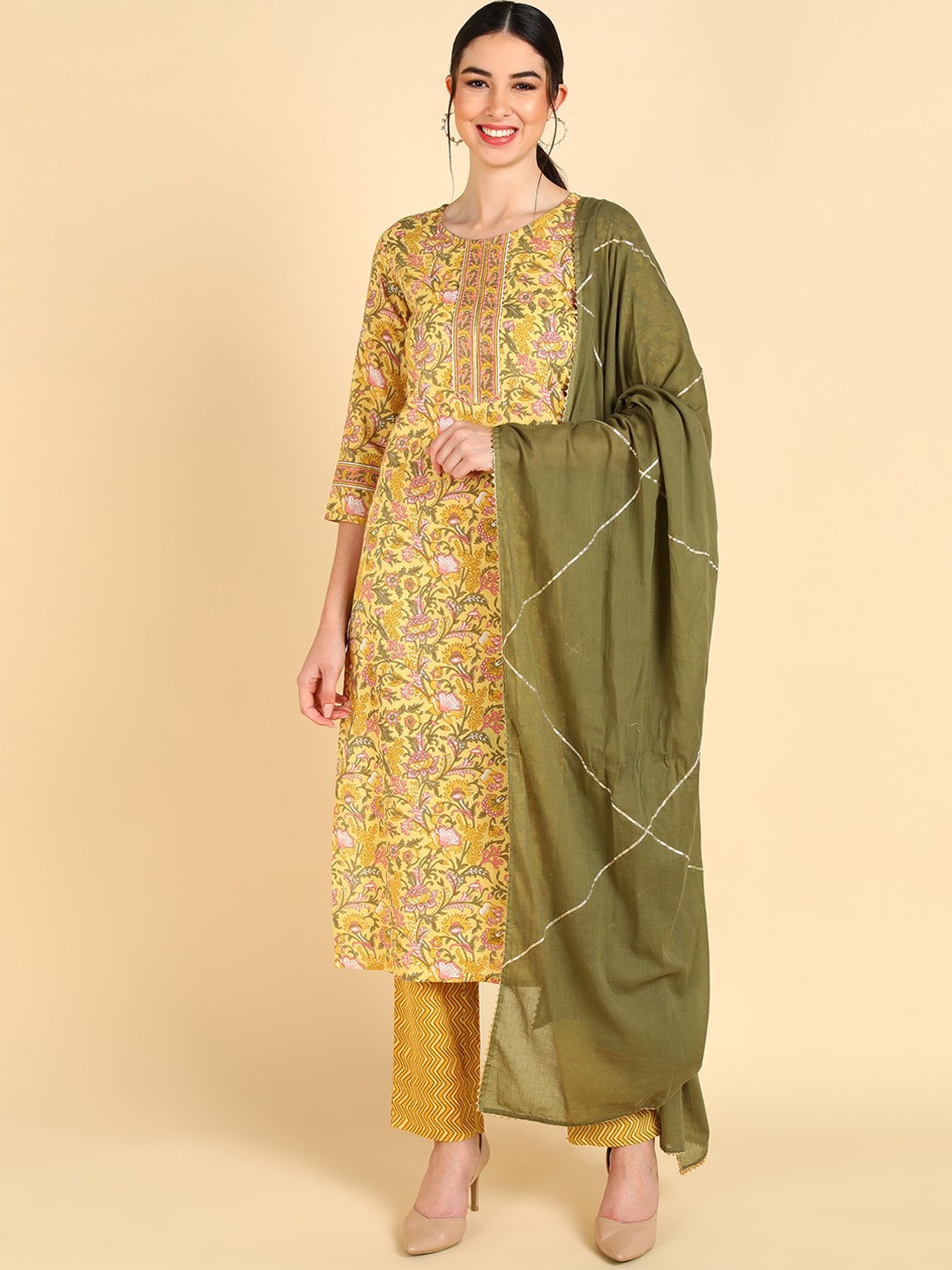 

AHIKA Women Yellow Floral Embroidered Panelled Pure Cotton Kurta with Palazzos & With Dupatta