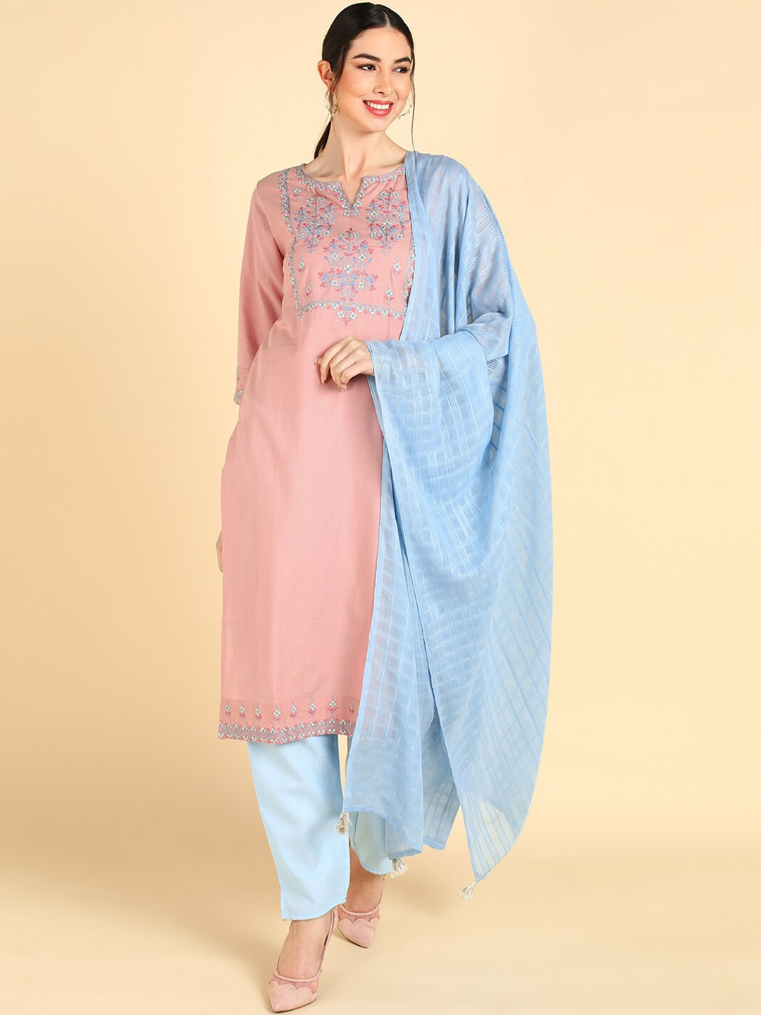 

AHIKA Women Pink Floral Embroidered Pure Cotton Kurti with Trousers & With Dupatta