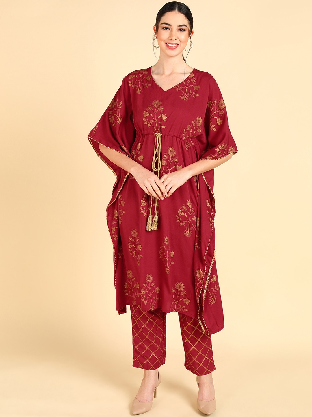 

AHIKA Women Red Floral Printed Kaftan Kurti with Trousers