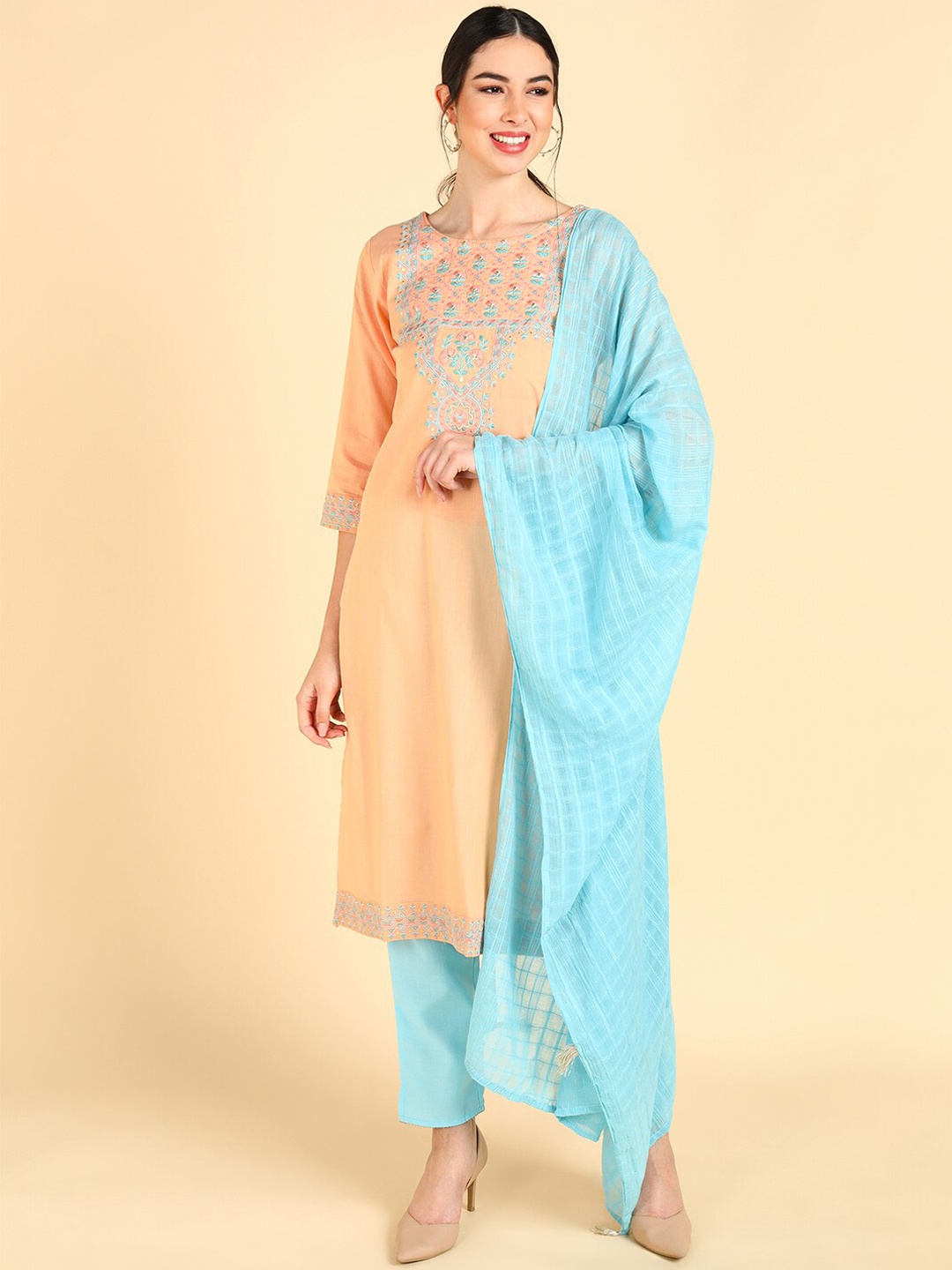 

AHIKA Women Peach-Coloured Pure Cotton Kurti with Trousers & With Dupatta