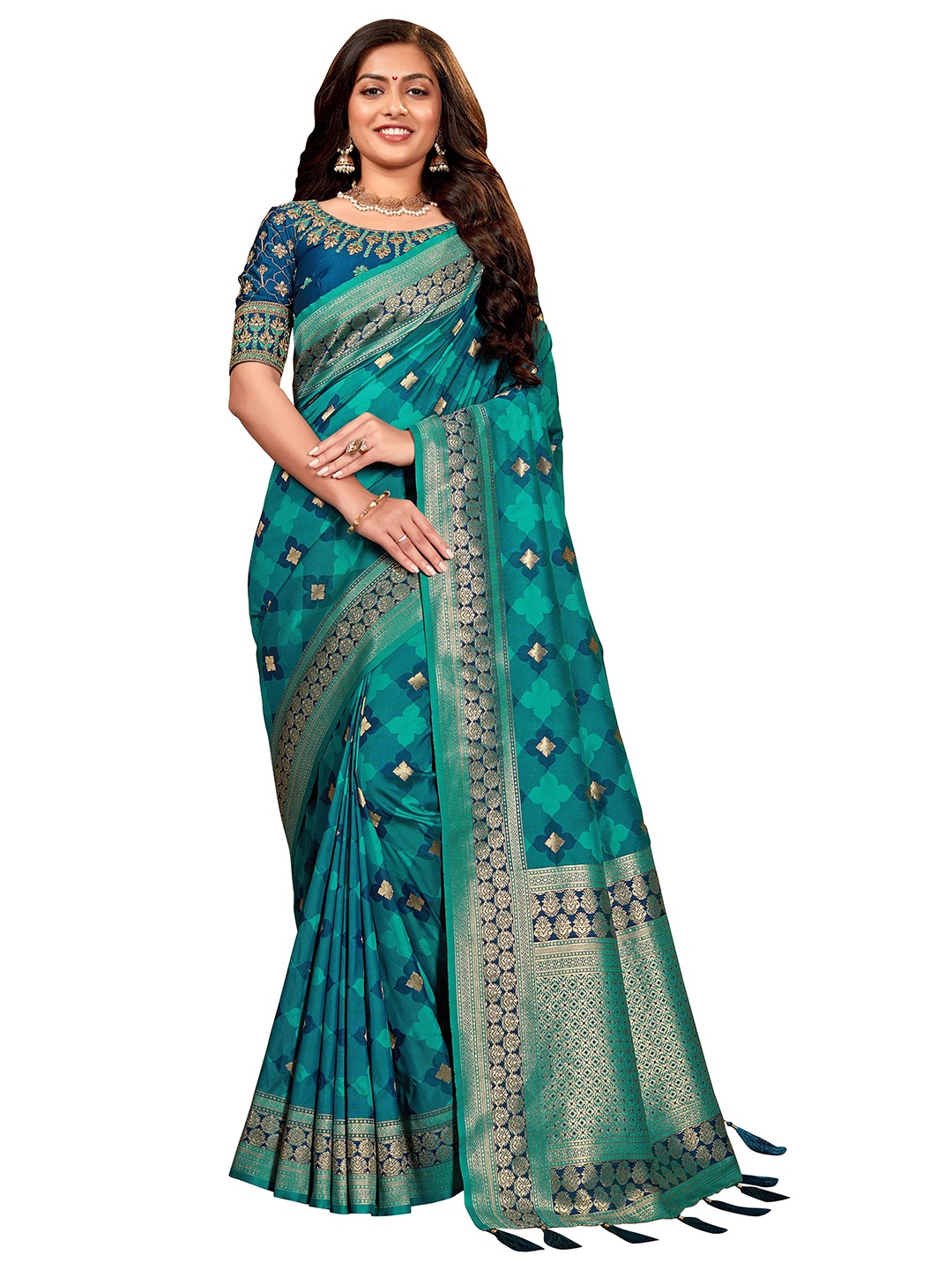 

MANOHARI Blue & Gold-Toned Woven Design Jacquard Silk Blend Banarasi Saree with Zari