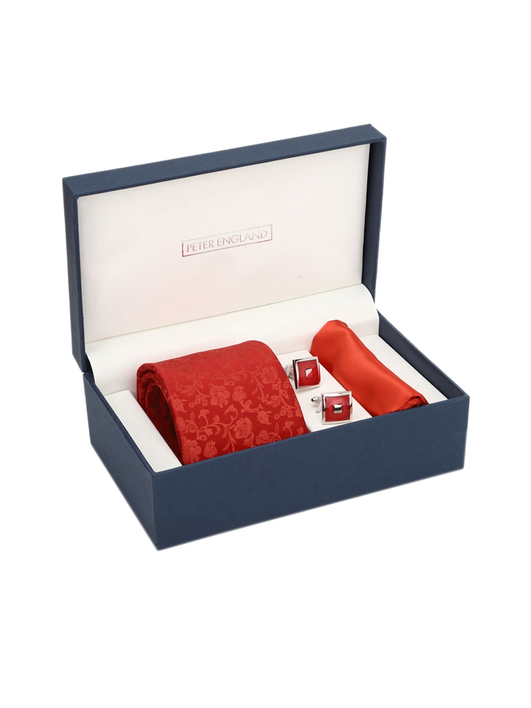 

Peter England Men Red Tie Pocket Square And Cufflink Accessory Gift Set