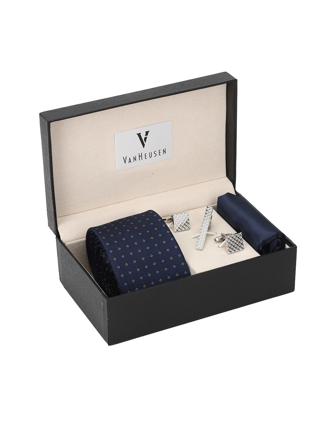 

Van Heusen Men Navy Blue Pocket Square Tie Cufflink And Tie Pin Accessory Gift Set