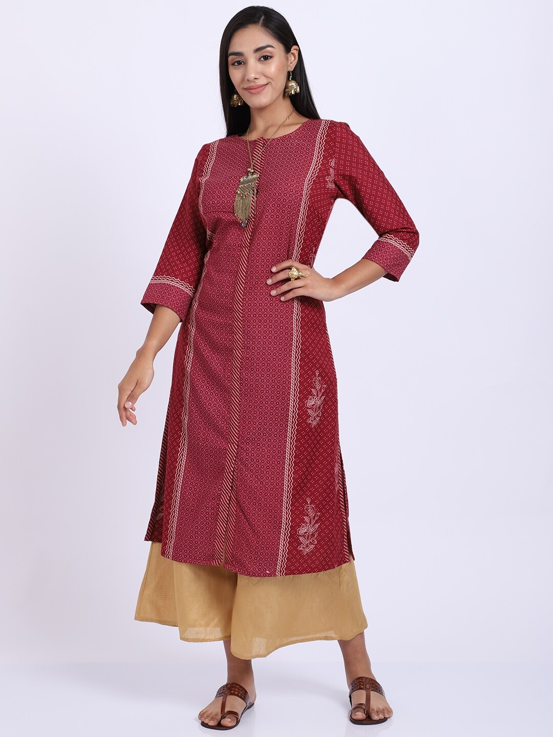 

Cantabil Maroon & Cream-Coloured Ethnic Motifs Printed Kurti