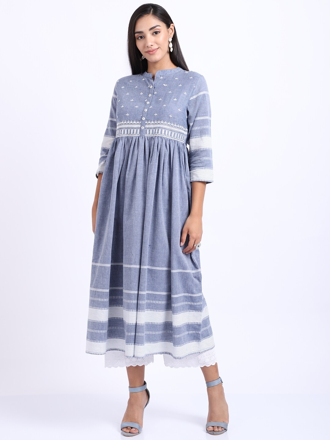 

Cantabil Blue & White Embroidered Maternity Empire Anarkali Kurti