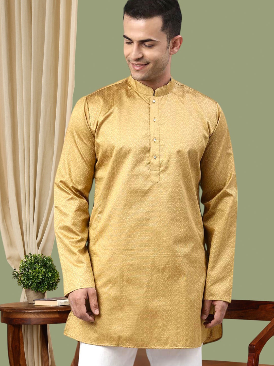 

TATTVA Men Khaki Geometric Woven Design A-line Kurta