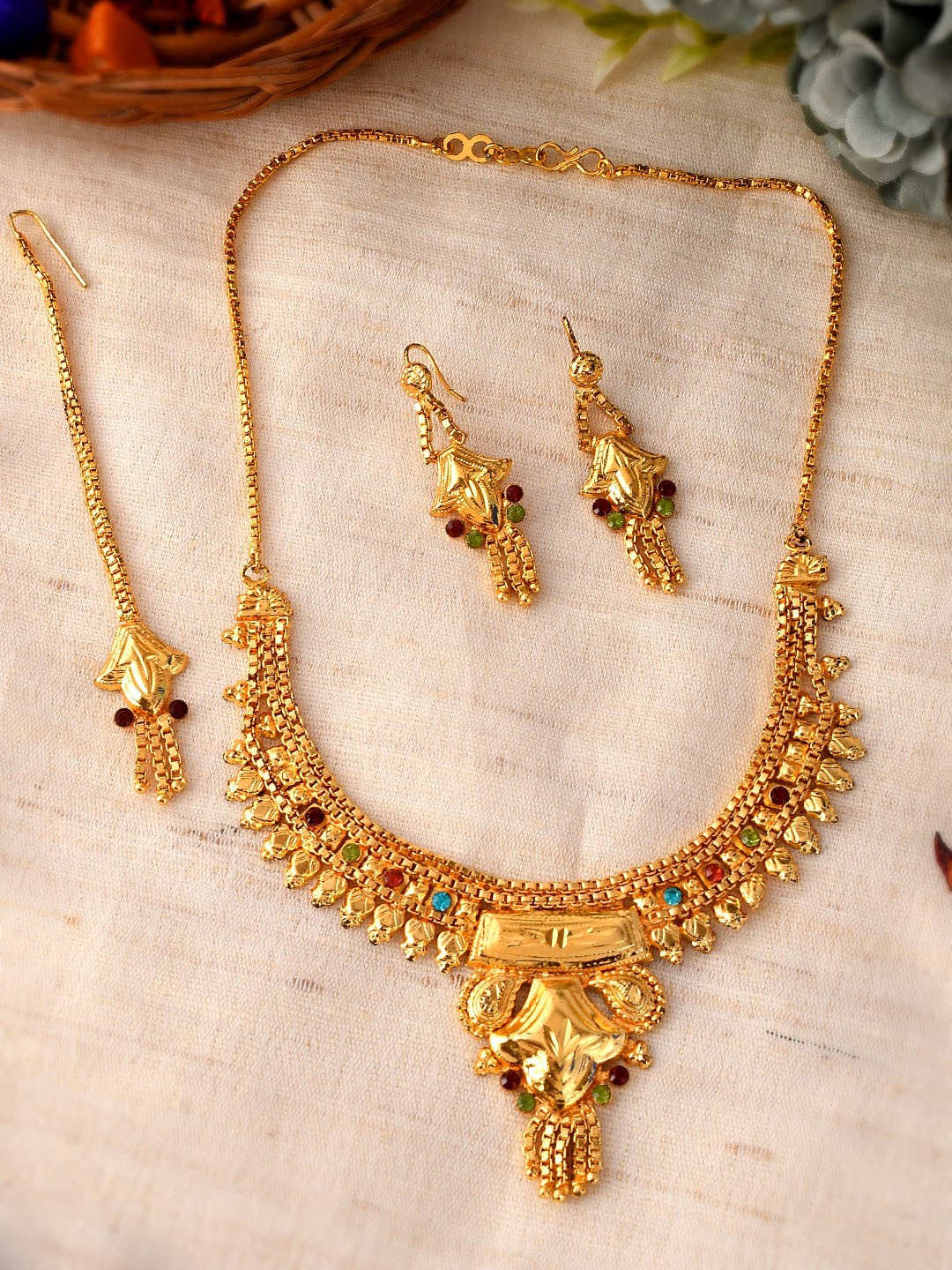 

Silvermerc Designs Gold-Plated Red & Green Stone-Studded Jewellery Set